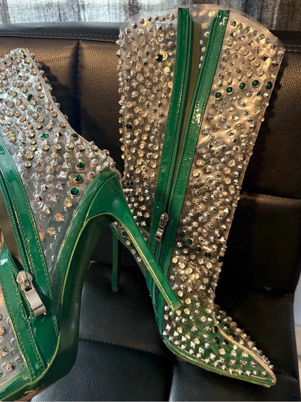 Green Crystal-Embellished Pointed Stiletto Boots - Picture 1 of 3